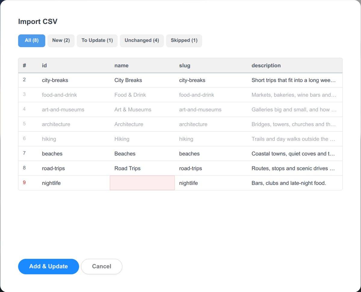 CSV Import Dialog